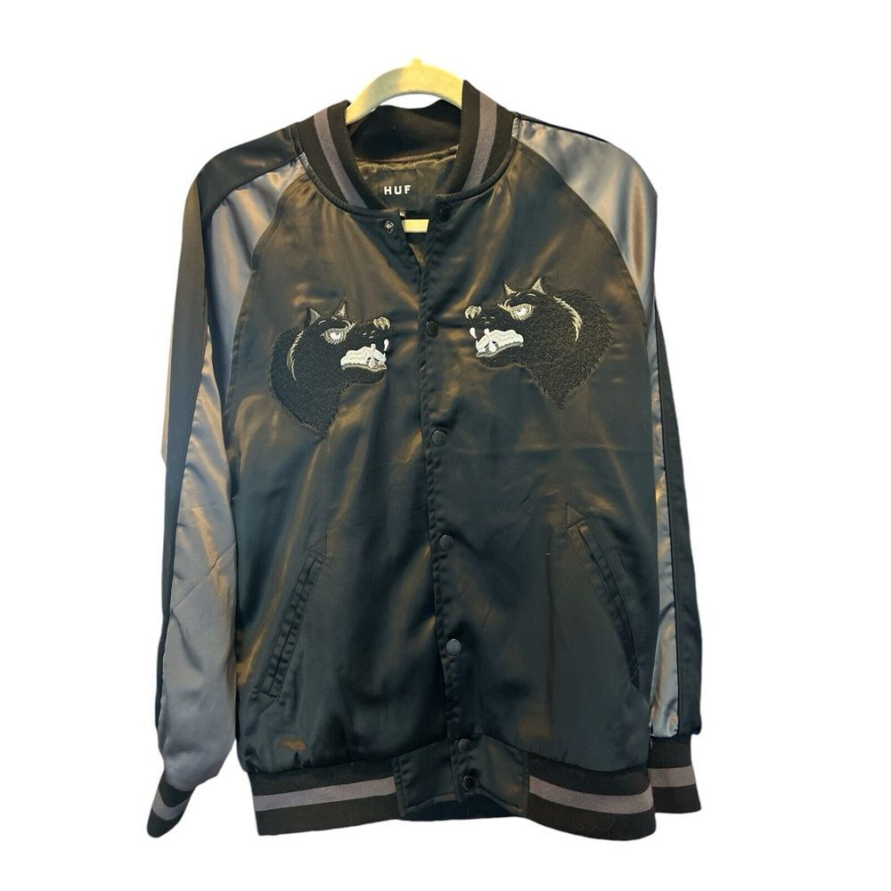 HUF,‎ mens black wolves bomber jacket, size Small